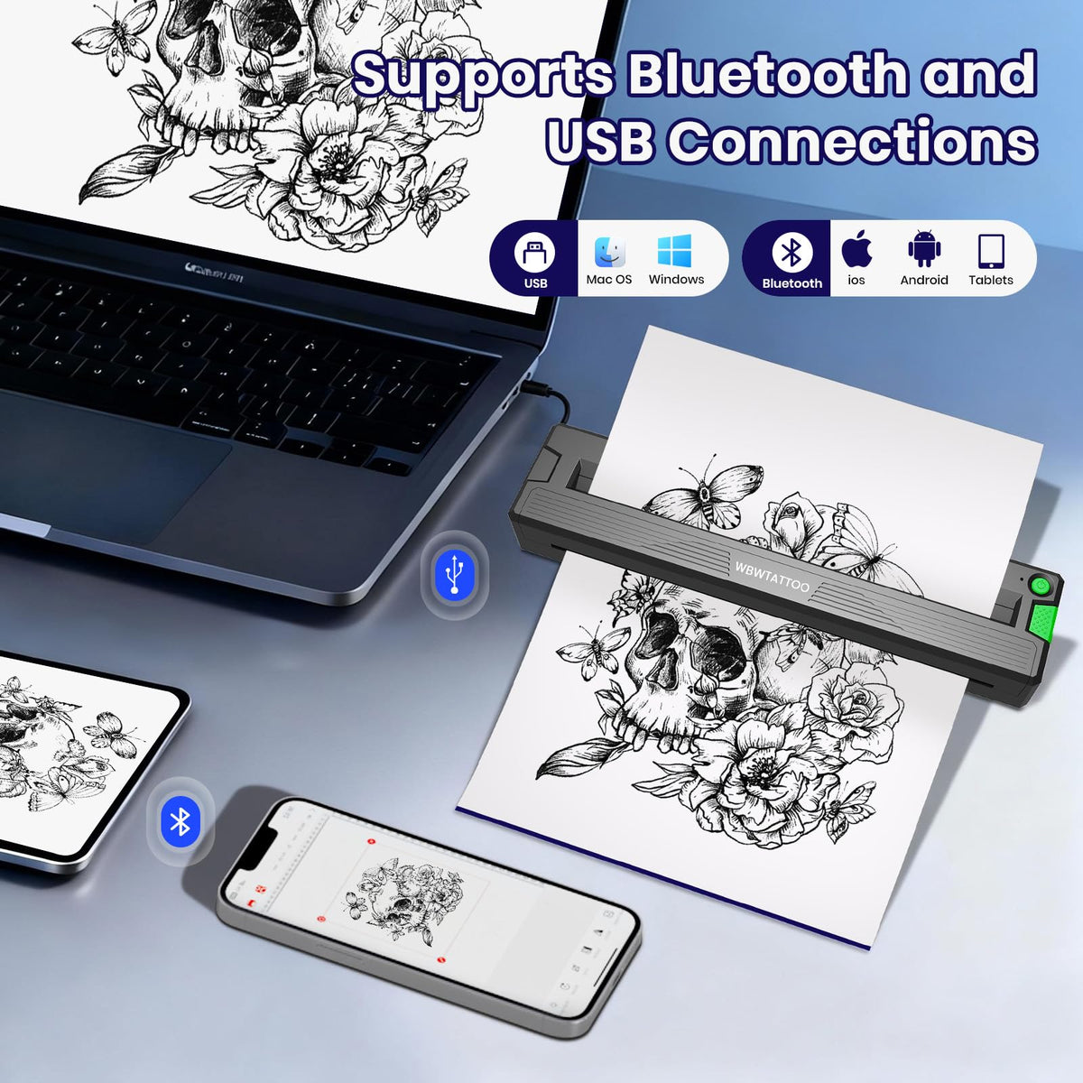WBWTATTOO portable printer with battery pack demonstrates cordless workflow for guest spots.