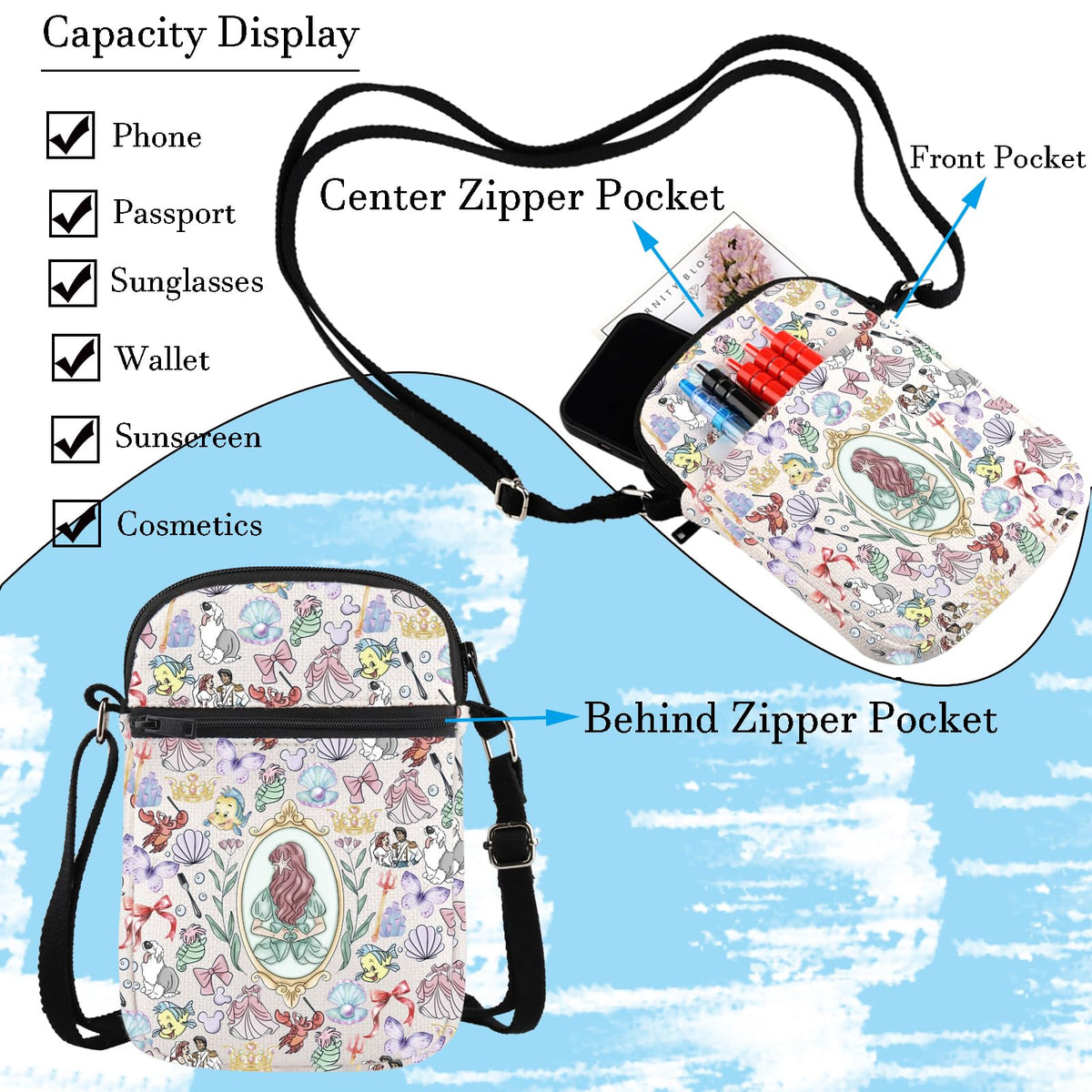 WCGXKO Princess Mermaid bag measures 20x26x2cm for cosmetics and stationery