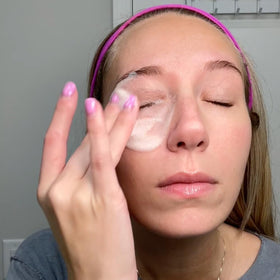 We Love Eyes SuperGLA cleanser swirl demonstrating foaming action around lashes