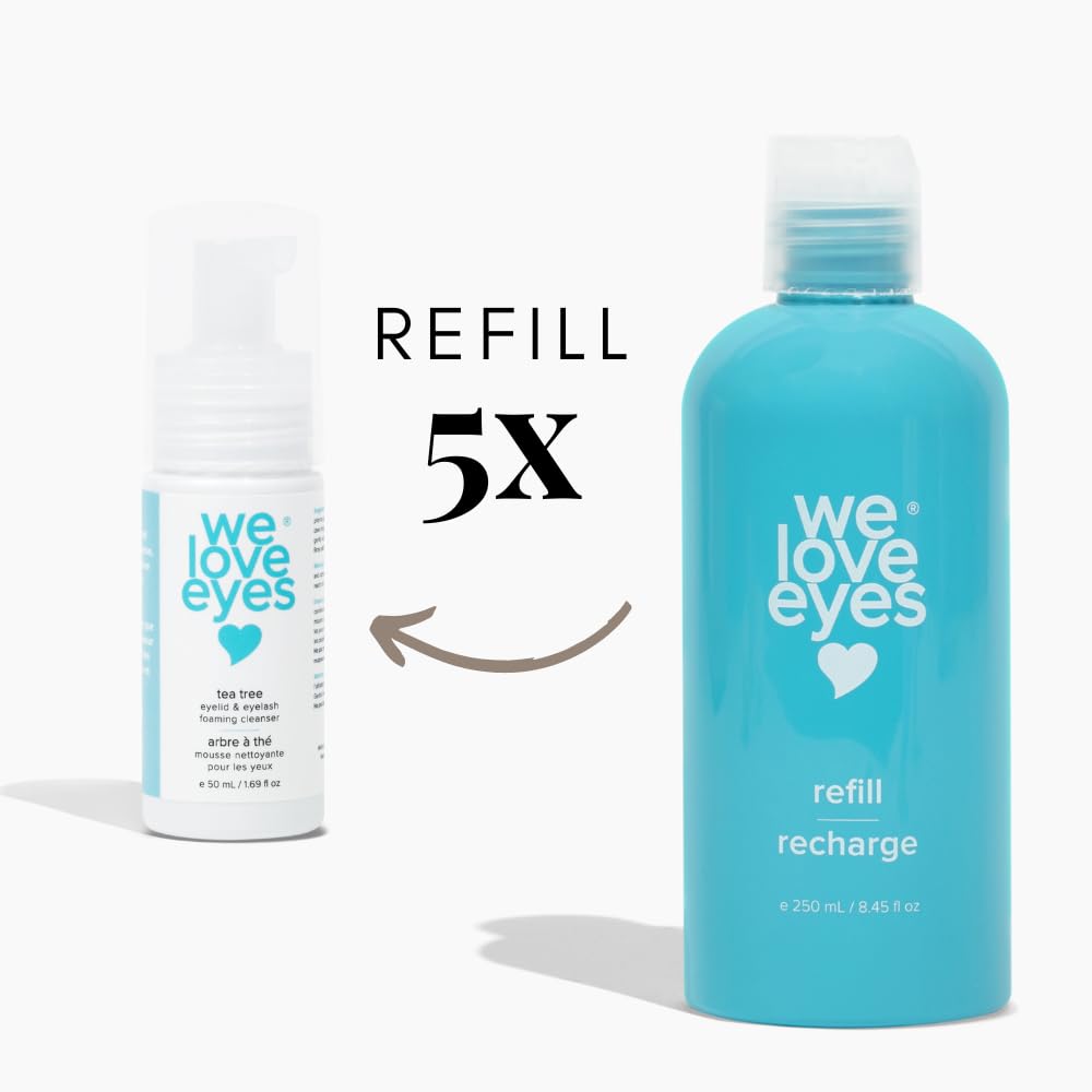 We Love Eyes Tea Tree Eyelid Cleanser refill pack highlights eco-friendly packaging
