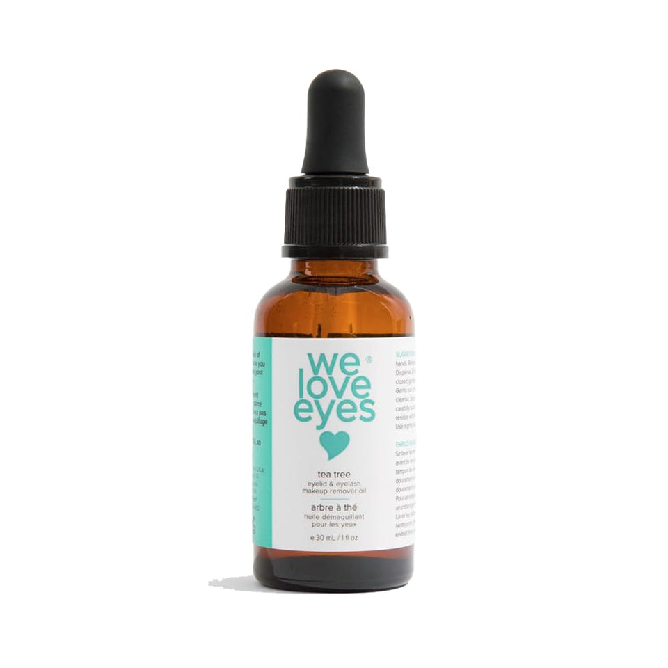 We Love Eyes tea tree makeup remover oil bottle for gentle waterproof makeup removal.