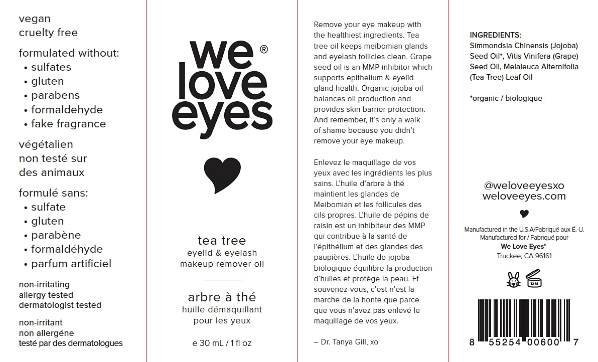 We Love Eyes tea tree remover bottle paired with eyeliner-free lifestyle.