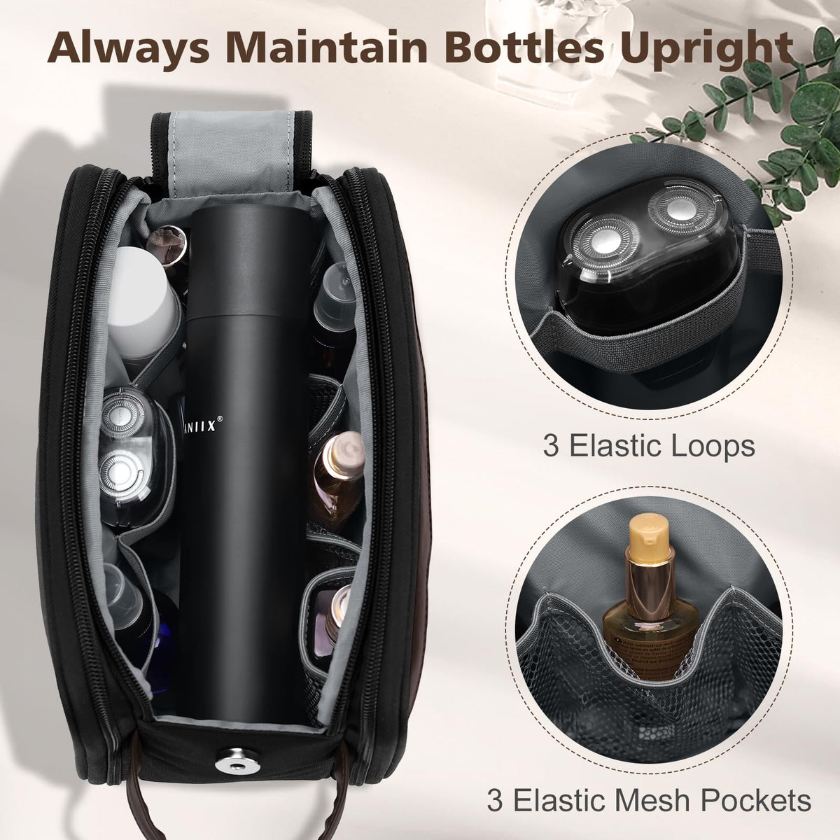 Wedama elastic straps hold bottles upright and cords organized.