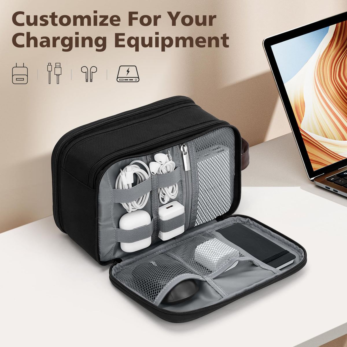 Wedama electronic organizer compartment keeps cables and chargers neatly separated.