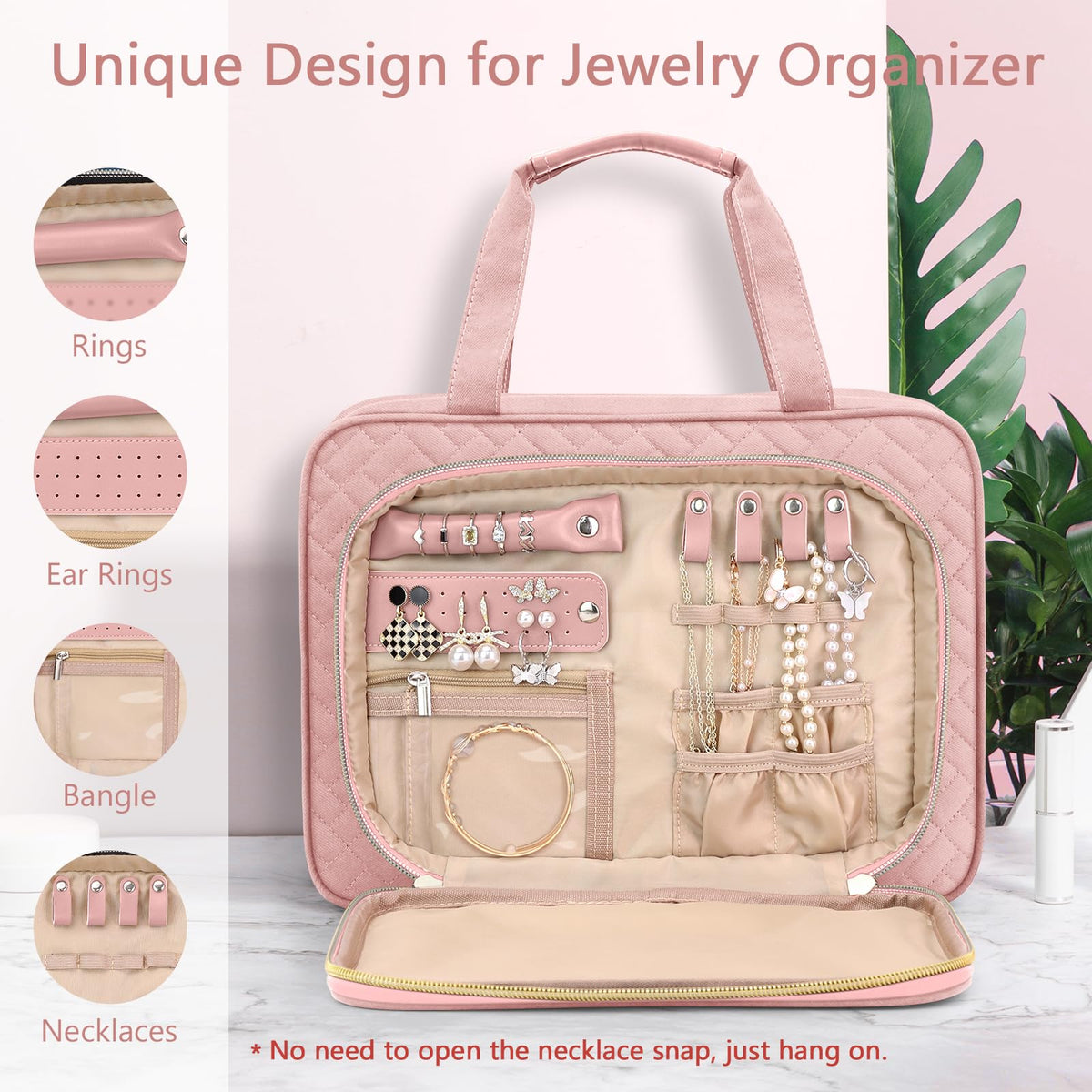 Wedama bag opened to reveal four internal compartments for cosmetics and jewelry.