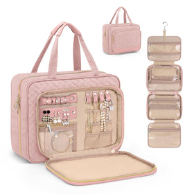 Wedama pink toiletry bag with jewelry organizer for organized travel.