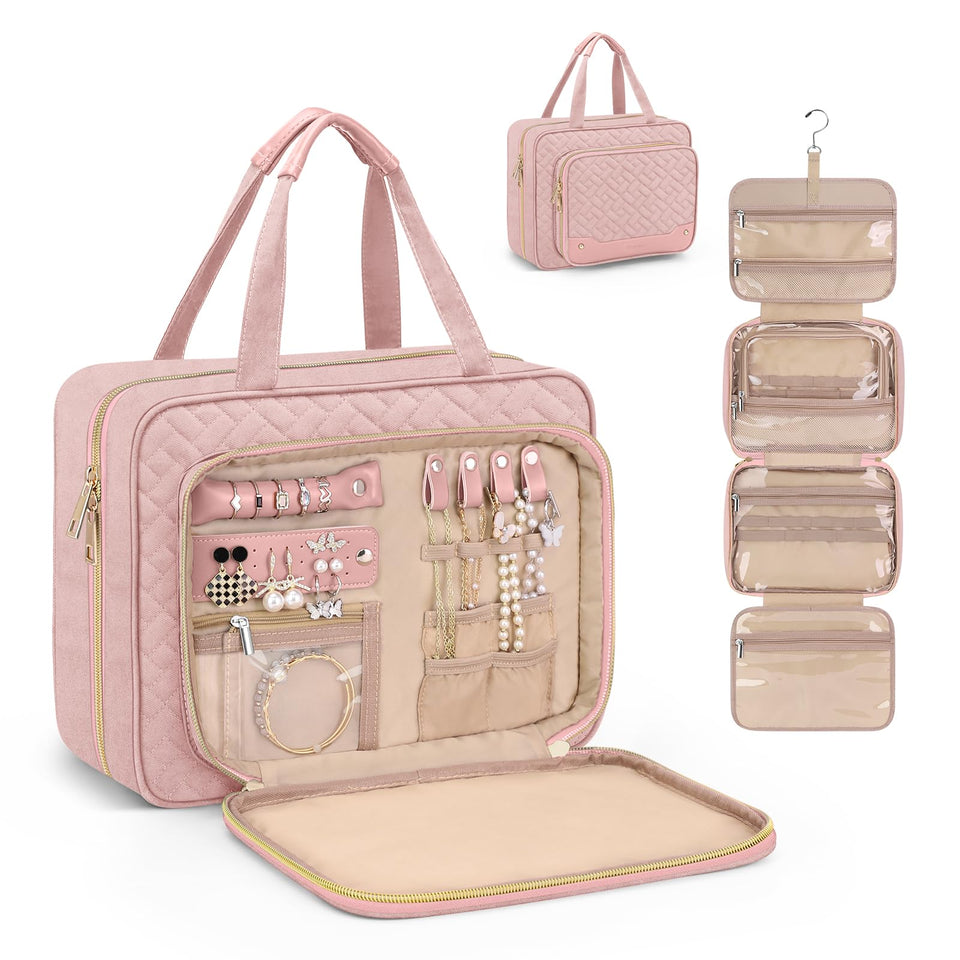 Wedama pink toiletry bag with jewelry organizer for organized travel.