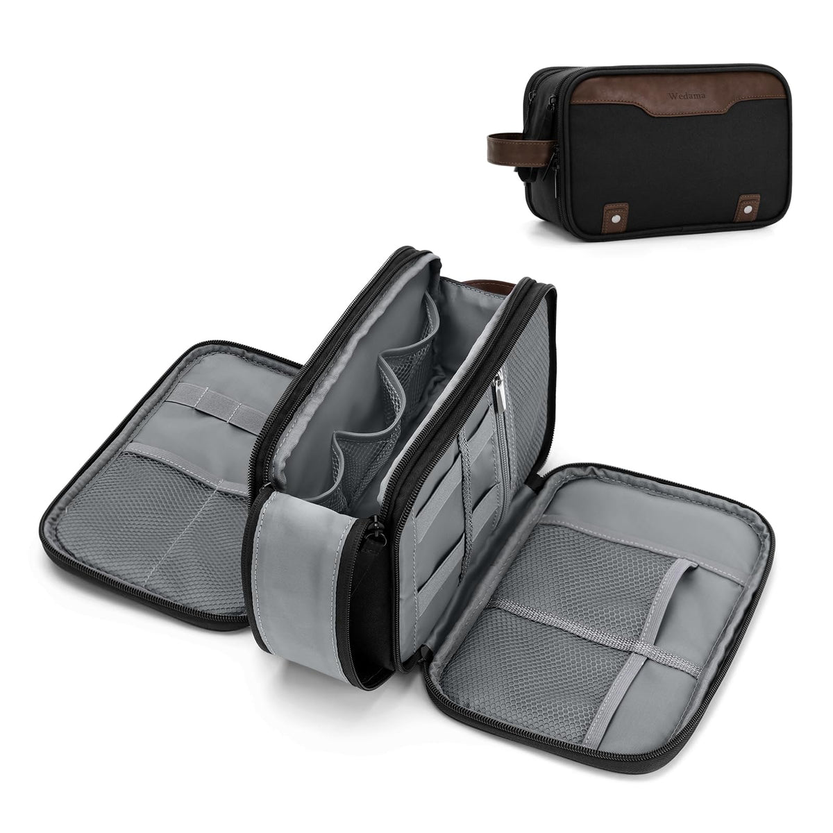 Wedama toiletry bag front view with hanging PU handle for travel access.