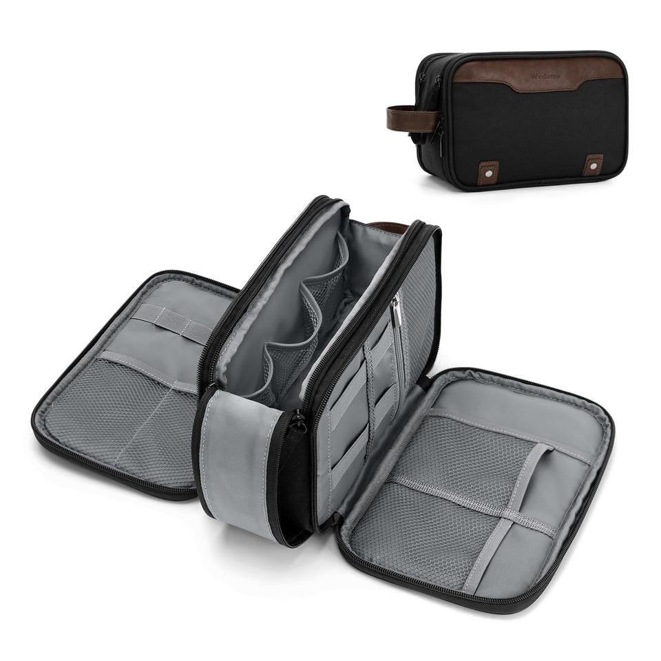 Wedama toiletry bag front view with hanging PU handle for travel access.