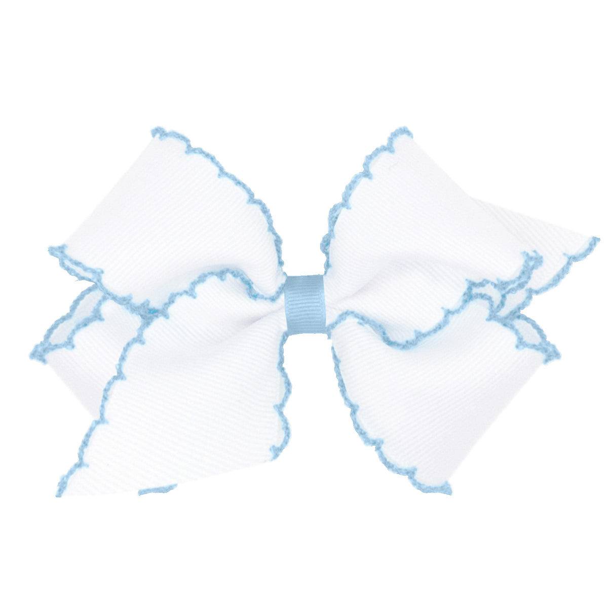 Wee Ones moonstitch edge bow in white and blue, designed for secure all-day wear.