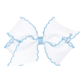 Wee Ones moonstitch edge bow in white and blue, designed for secure all-day wear.