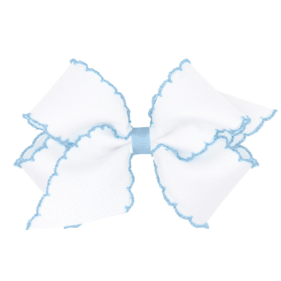 Wee Ones moonstitch edge bow in white and blue, designed for secure all-day wear.