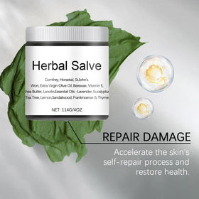 Close-up of WEERSHUN Comfrey Salve jar highlighting natural ingredients for nourishing skin.