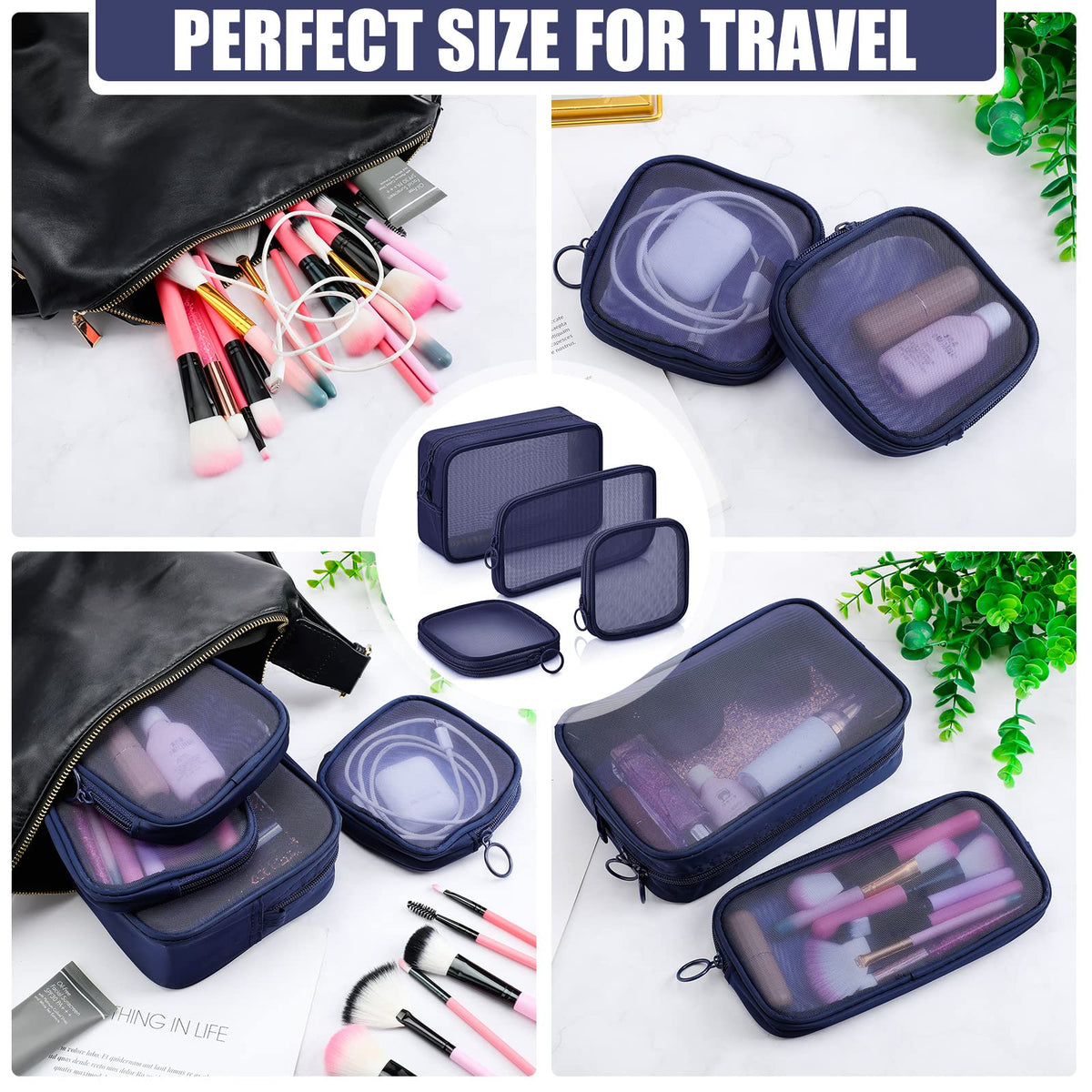 Weewooday large mesh makeup bag holds multiple items securely.