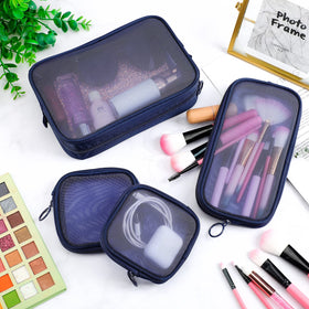 Weewooday navy blue mesh bag as a stylish travel organizer for cosmetics.