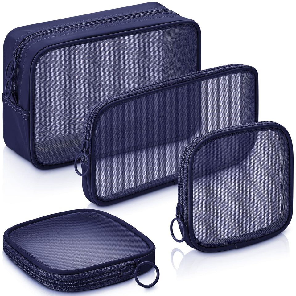 Weewooday mesh makeup bag with transparent zipper design for quick item finding.