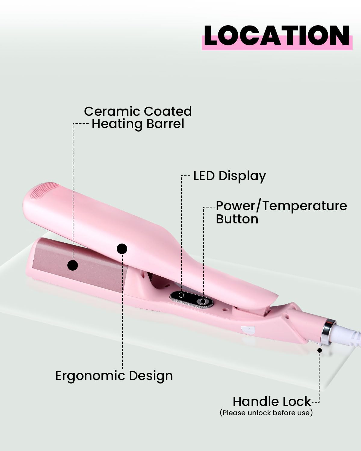 Weeyum pink ceramic waver for glossy beachy waves.