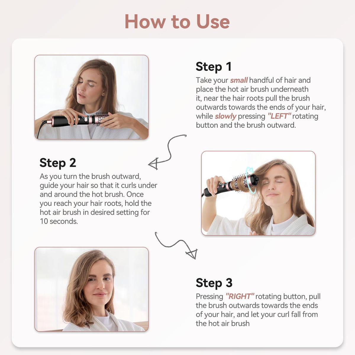 WEEYUM rotating hair dryer brush cord shows 360-degree swivel for maneuverability.