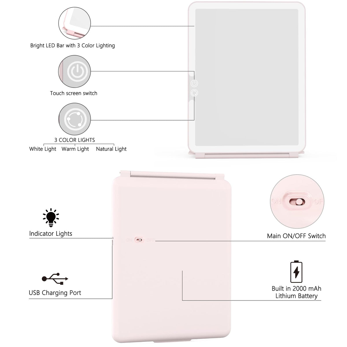 WEILY makeup mirror charges via USB-A for versatile power options