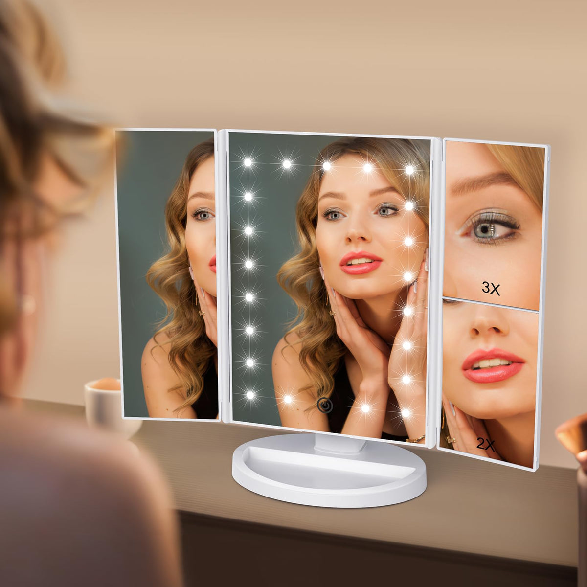 WEILY vanity mirror features 1x, 2x, and 3x magnification for precise makeup work.