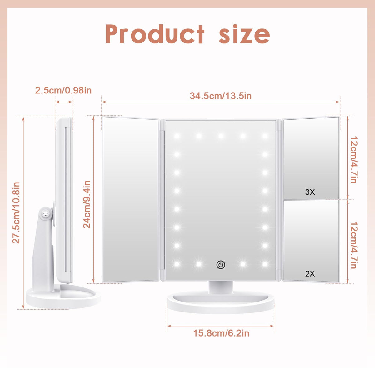 WEILY vanity mirror with touch control for easy brightness adjustment.