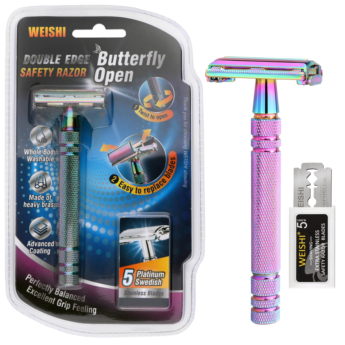 WEISHI butterfly-open double-edge razor with rainbow handle for a precise close shave.