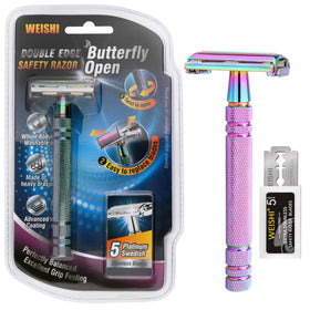 WEISHI butterfly-open double-edge razor with rainbow handle for a precise close shave.