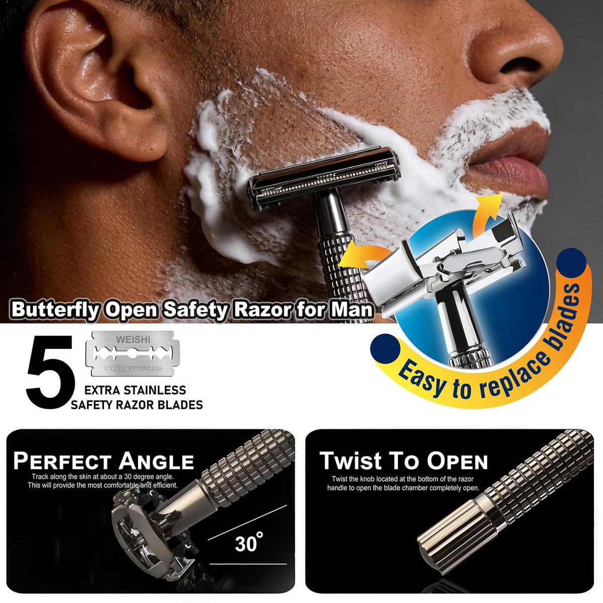 WEISHI razor blade chamber open for easy blade replacement