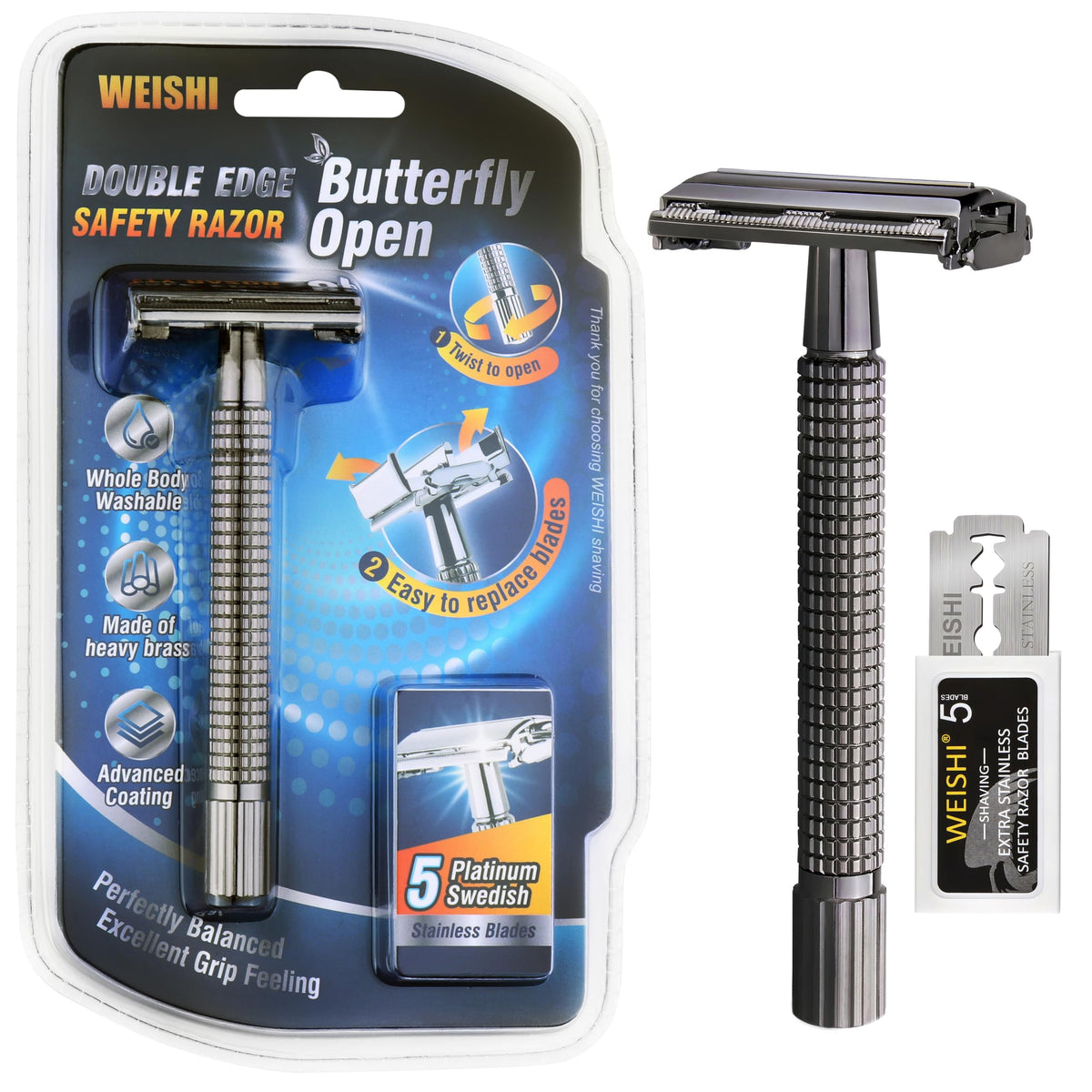 WEISHI Butterfly Open Razor with nostalgic long handle for balanced grip