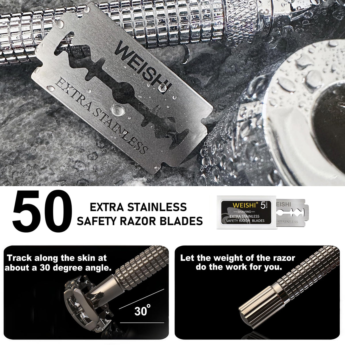 WEISHI blades fit standard safety razors for versatile home use.