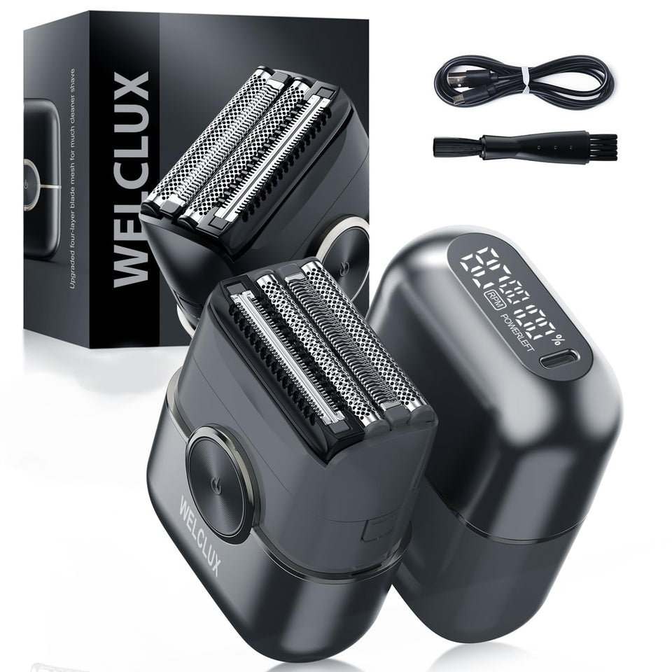 Welclux cordless shaver front view, compact design for travel-ready grooming