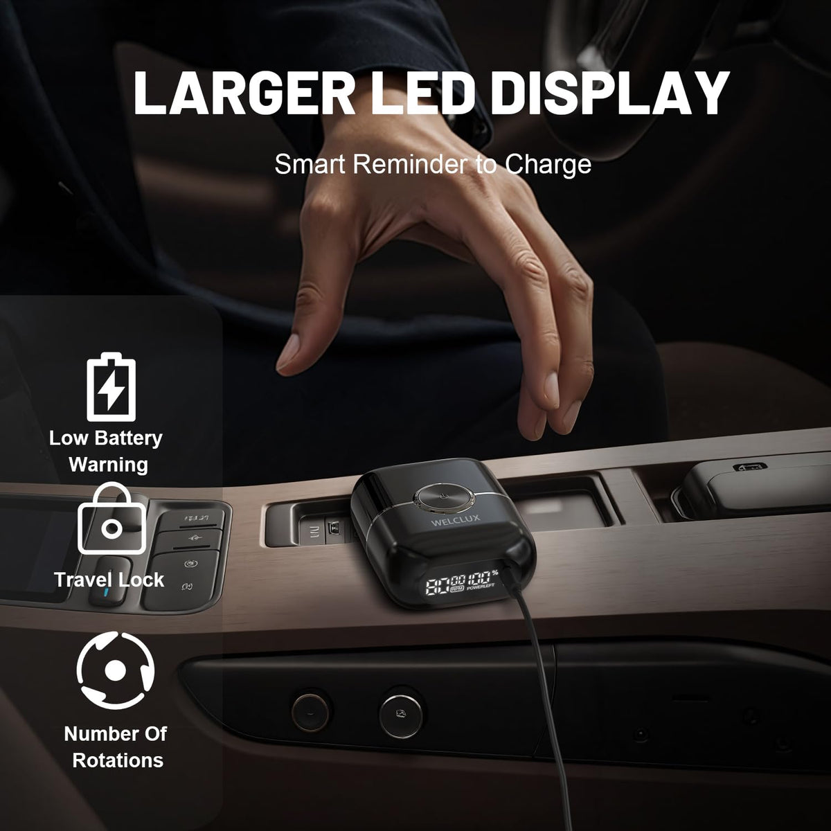 Welclux shaver LED display clearly shows battery life and speed