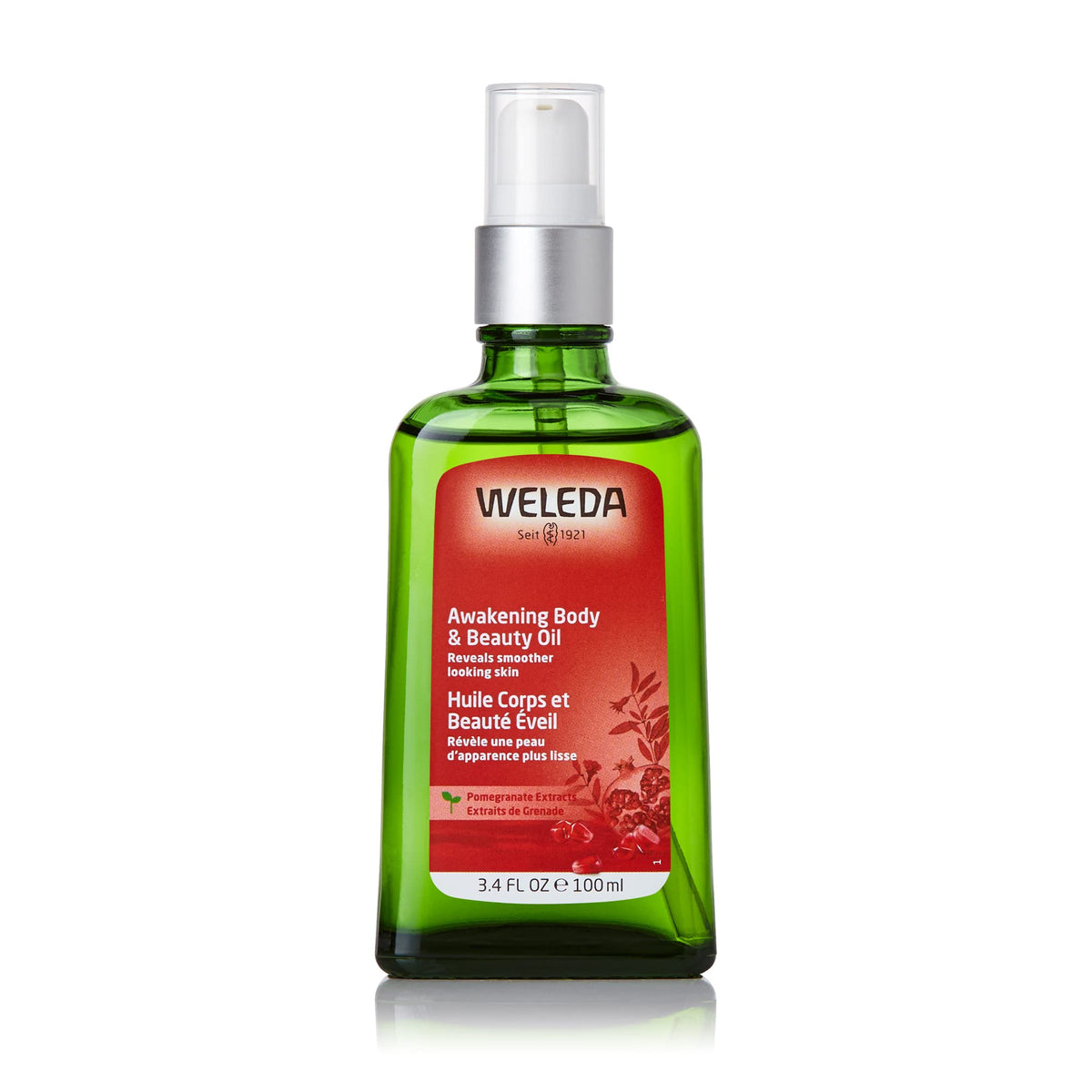 Weleda Awakening Pomegranate bottle with pump ready for daily moisturization.
