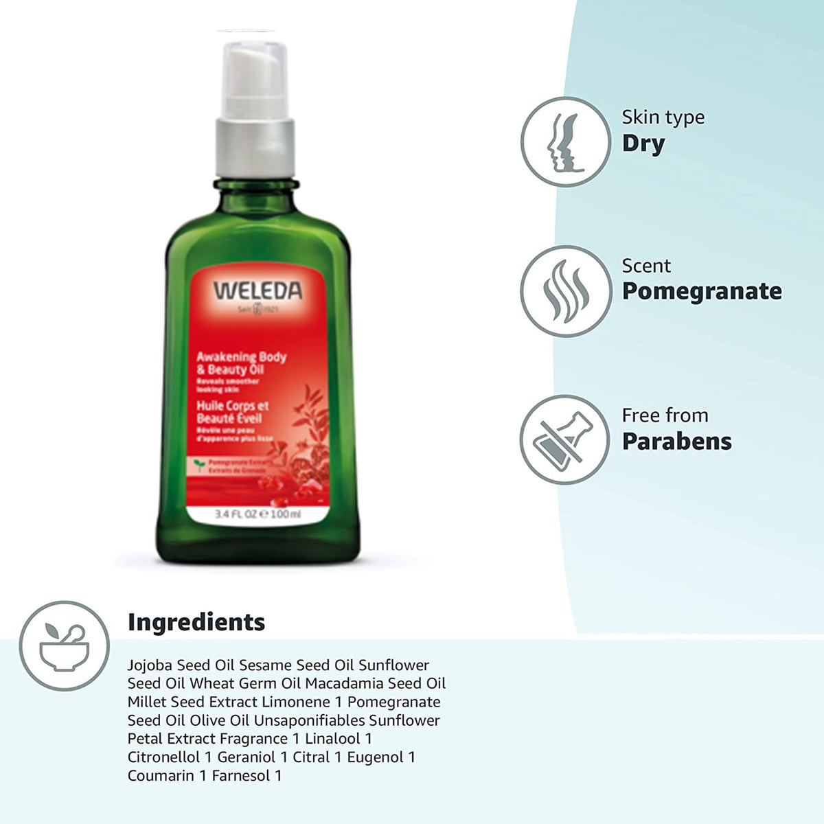 Weleda Awakening Pomegranate oil texture close-up reveals silky finish.