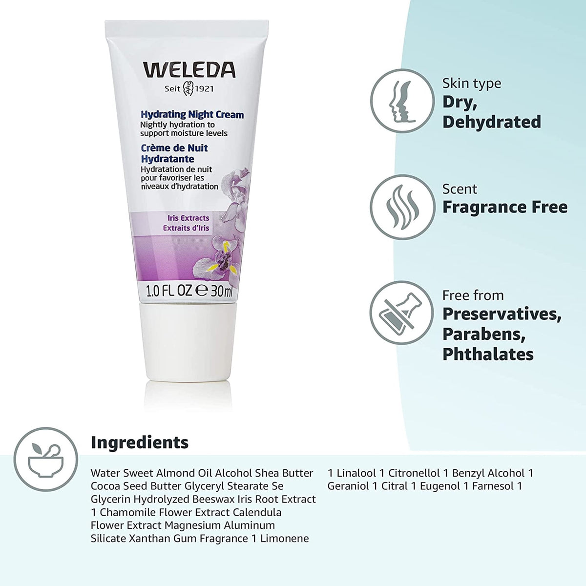 Weleda Hydrating Night Face Cream tube back view reveals gentle plant-based formula