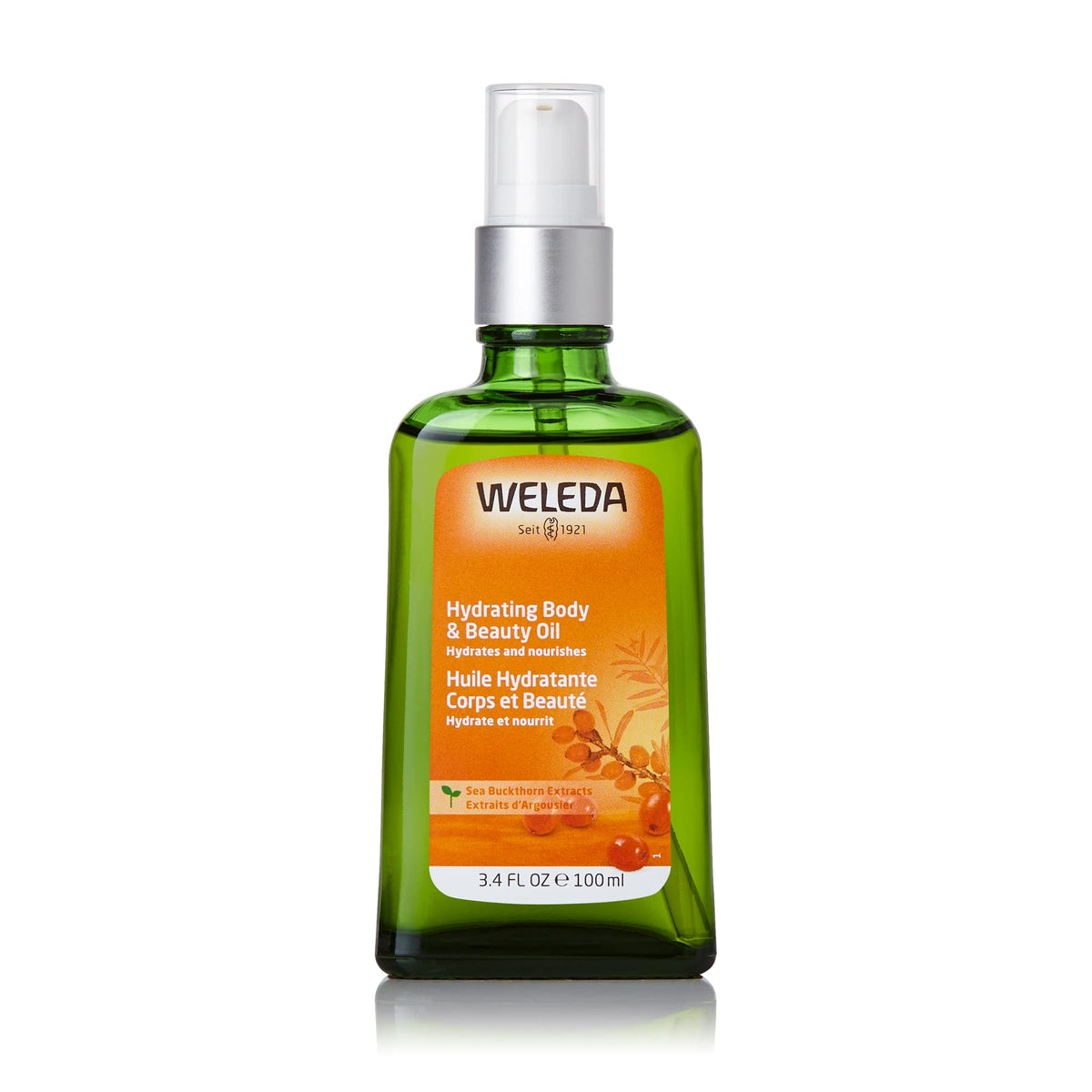 Weleda Hydrating Sea Buckthorn Body Oil bottle offers quick hydration for dry skin.