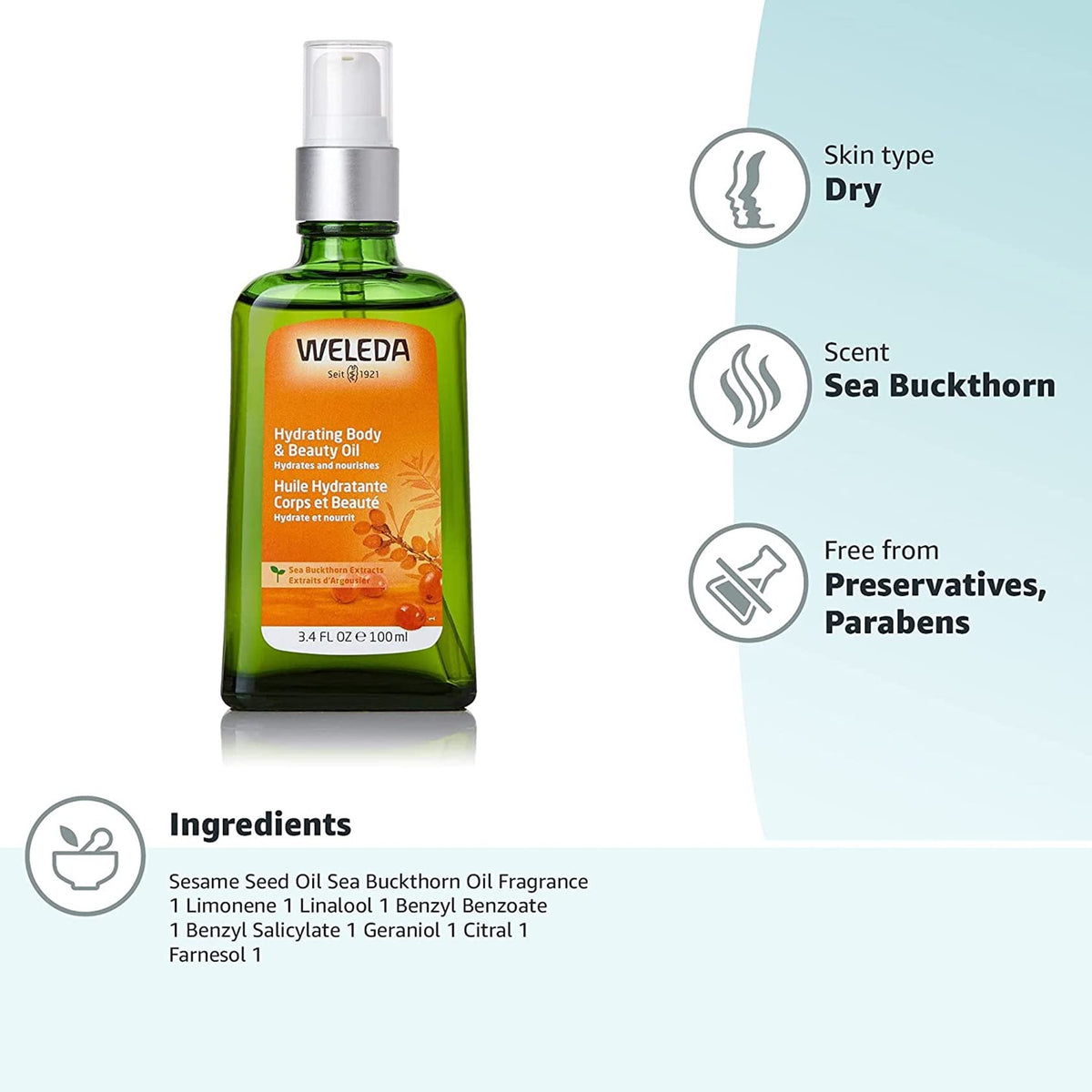 Weleda Sea Buckthorn Body Oil pours smoothly for easy application.
