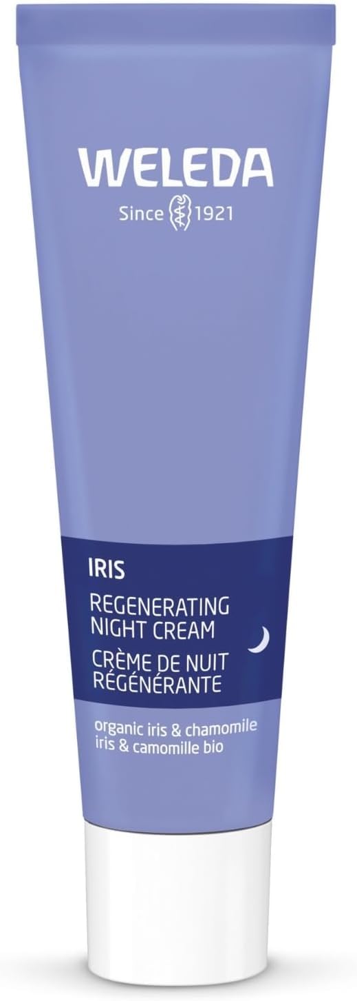 Weleda Iris Hydrating Night Cream jar close-up, lush texture for overnight skin care.