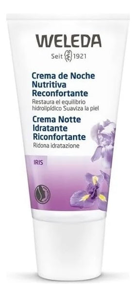 Weleda Iris Hydrating Night Cream jar label close-up highlighting natural ingredients.