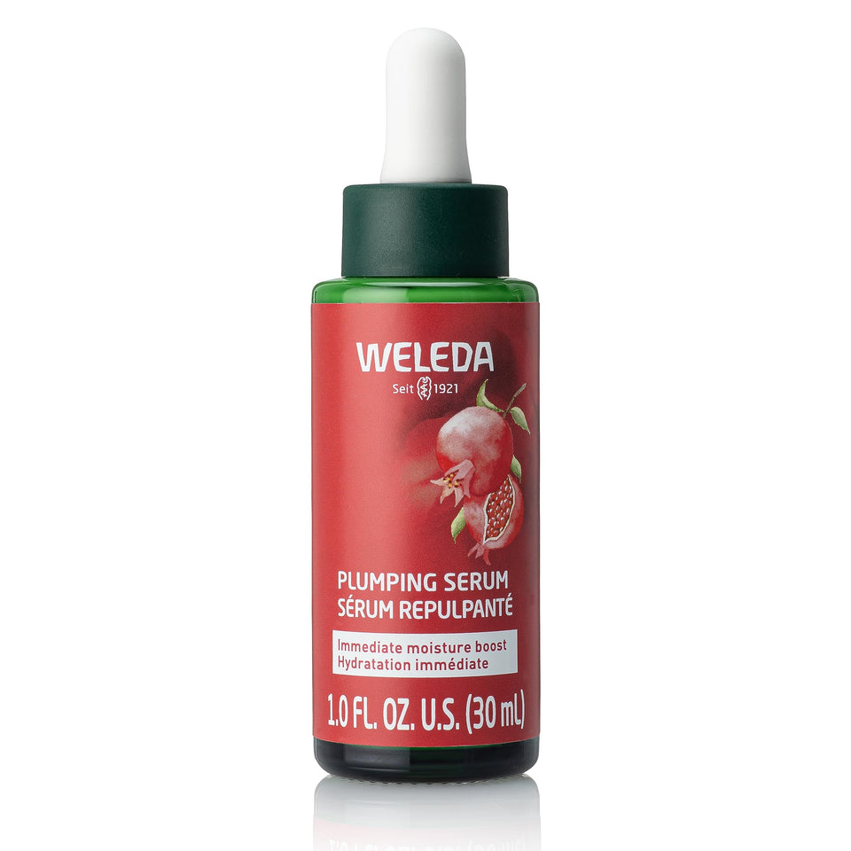 Weleda Plumping Serum bottle close-up showing sleek packaging for hydration
