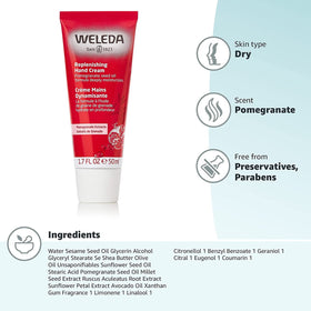 Weleda Regenerating Pomegranate Hand Cream applied to hands for quick hydration