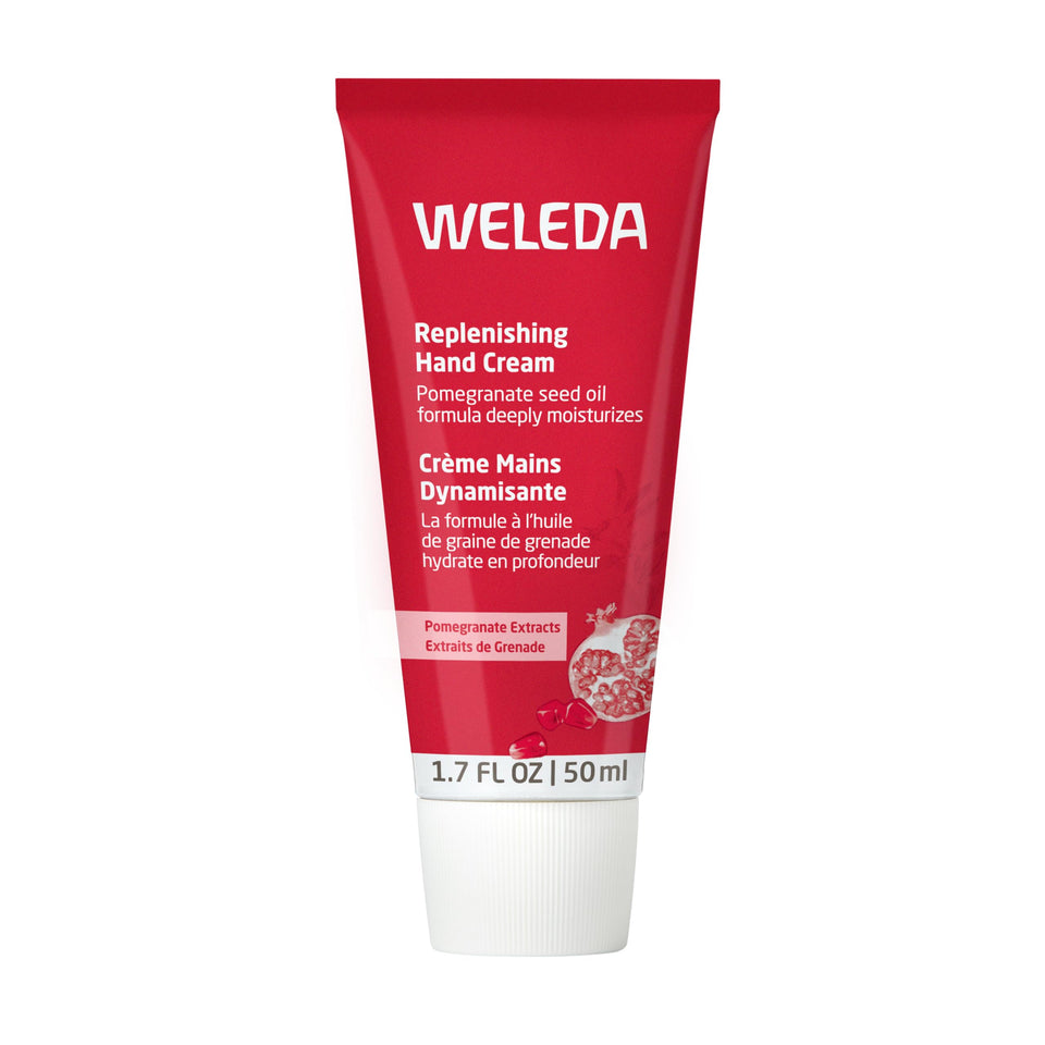 Weleda Regenerating Pomegranate Hand Cream bottle shows rich texture for dry hands