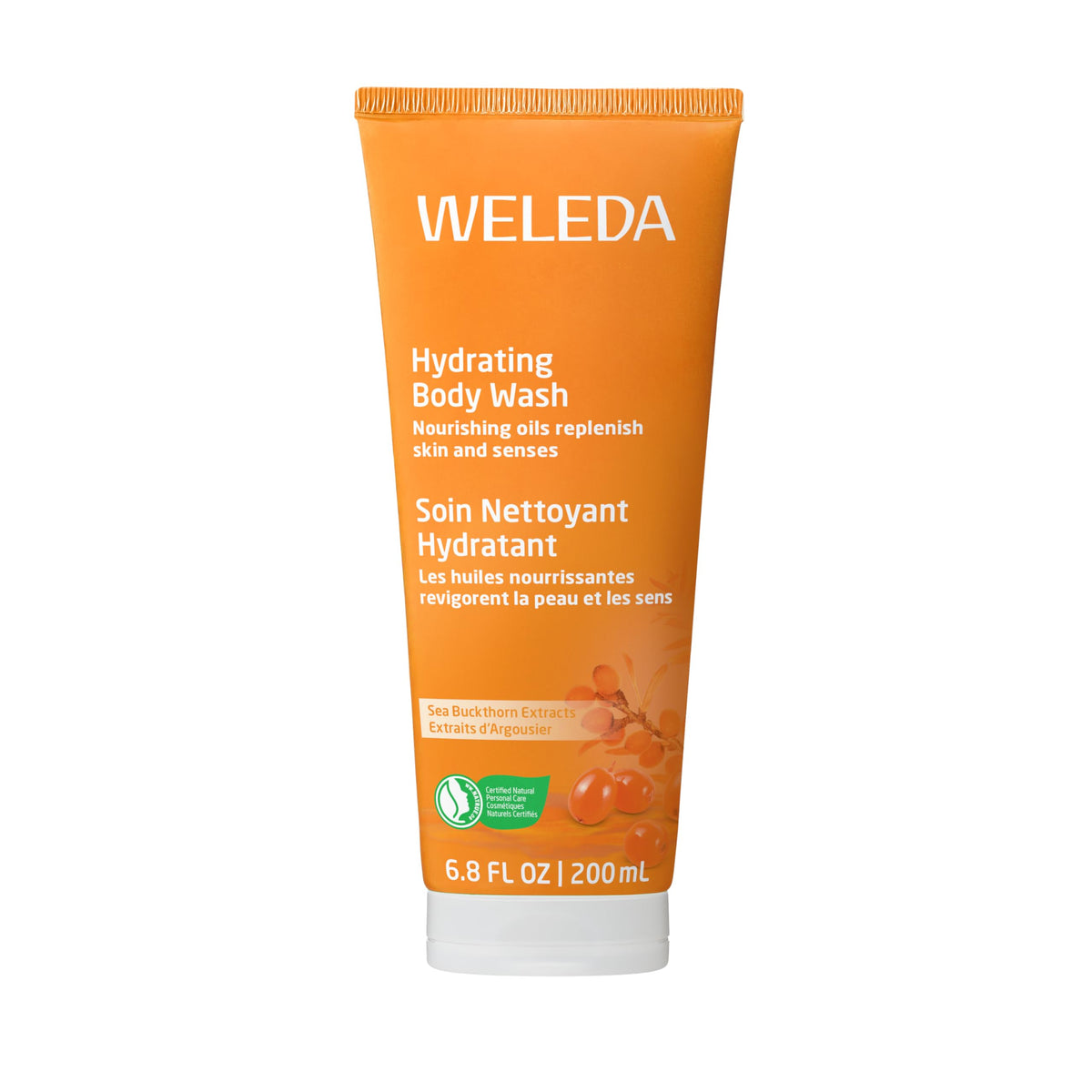 Weleda Sea Buckthorn Body Wash bottle showing nourishing oils for daily hydration