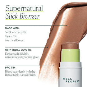 Well People bronzer used on lips, cheeks, and eyelids for versatile warmth and blending.