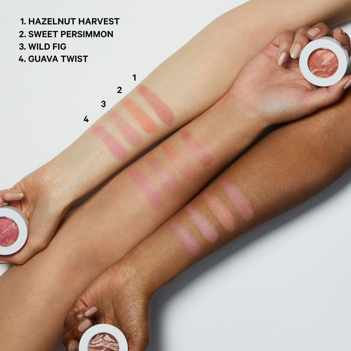 Well People Superpowder Blush Guava Twist swatch shows lightweight, semi-matte finish.