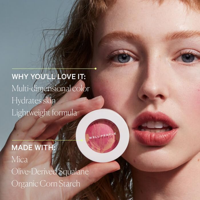 Well People Superpowder Blush ingredients close-up features Olive Derived Squalane and Magnolia Bark.