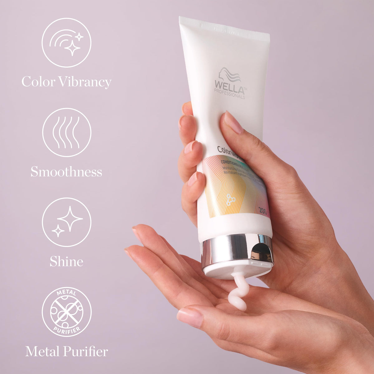 Hair strand with ColorMotion+ shows improved color vibrancy and smoother feel.
