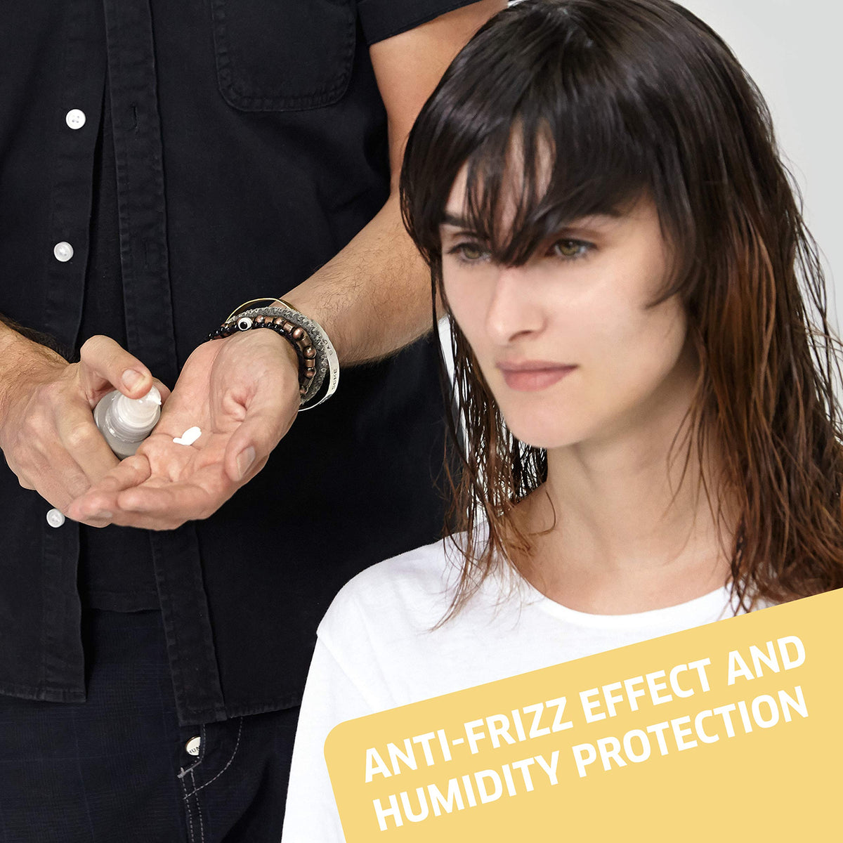 Wella EIMI Just Brilliant frizz-control-closeup hints humidity resistance feel.