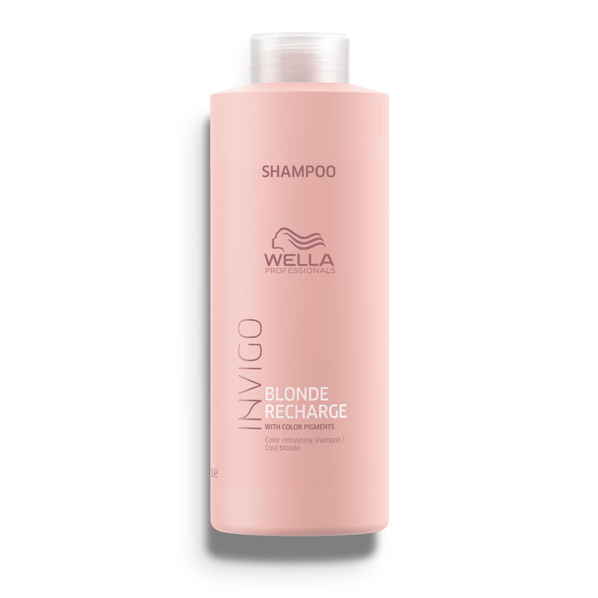 Wella Invigo Blonde Recharge shampoo bottle on shelf promotes refreshed blonde tones.