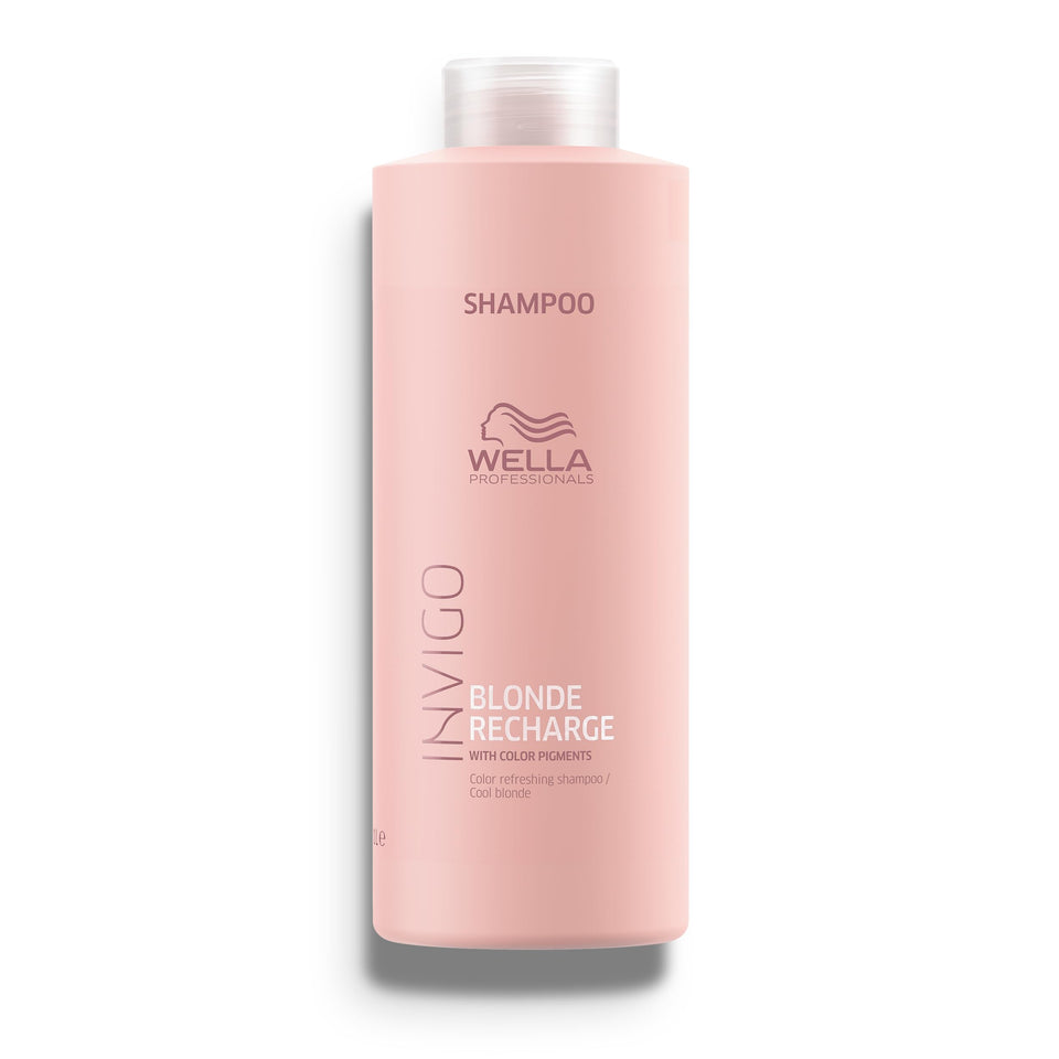 Wella Invigo Blonde Recharge shampoo bottle on shelf promotes refreshed blonde tones.